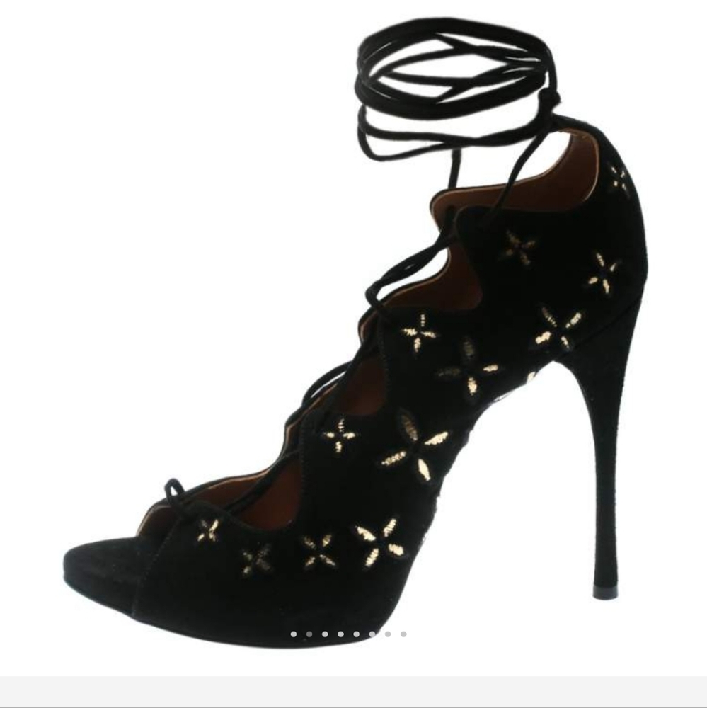 ALAIA |New in Box Black Suede w/Metallic Gold Floral Trim Open Toe Pumps S… - Picture 1 of 16